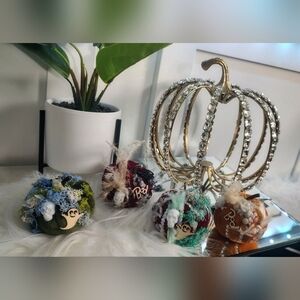 4pcs Mini Velour Halloween Gothic Pumpkins w/Crystals & Moss Accents